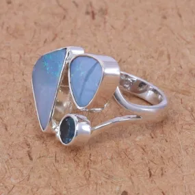 Blue Fire Real Doublet Opal Rings, Fancy Shape Blue Opal Gemstone 925 Silver, Blue Topaz, Stylish Opal and Swiss Blue Topaz Handmade Silver Ring