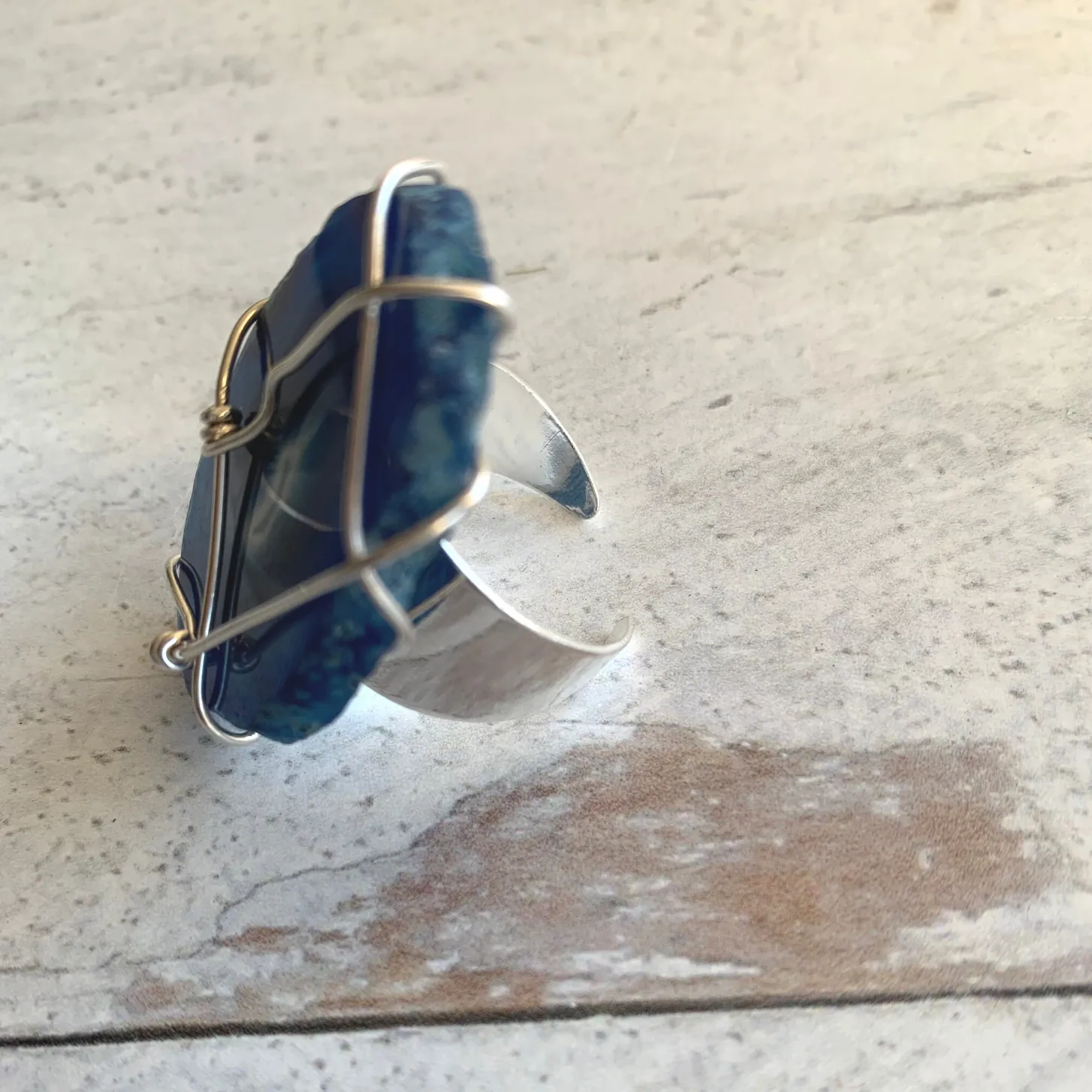 Blue River Agate Wire Wrapped Adjustable Ring Silver