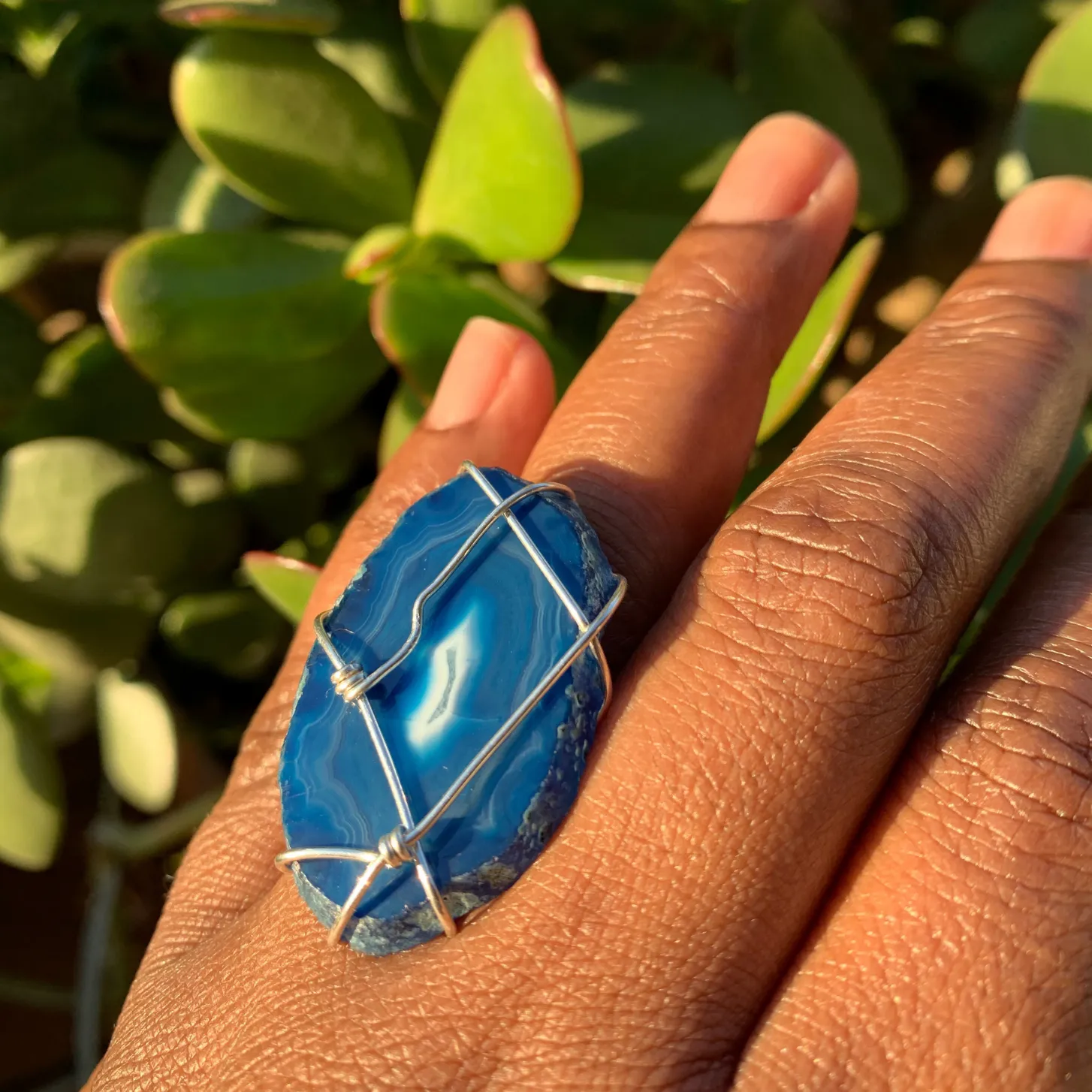 Blue River Agate Wire Wrapped Adjustable Ring Silver