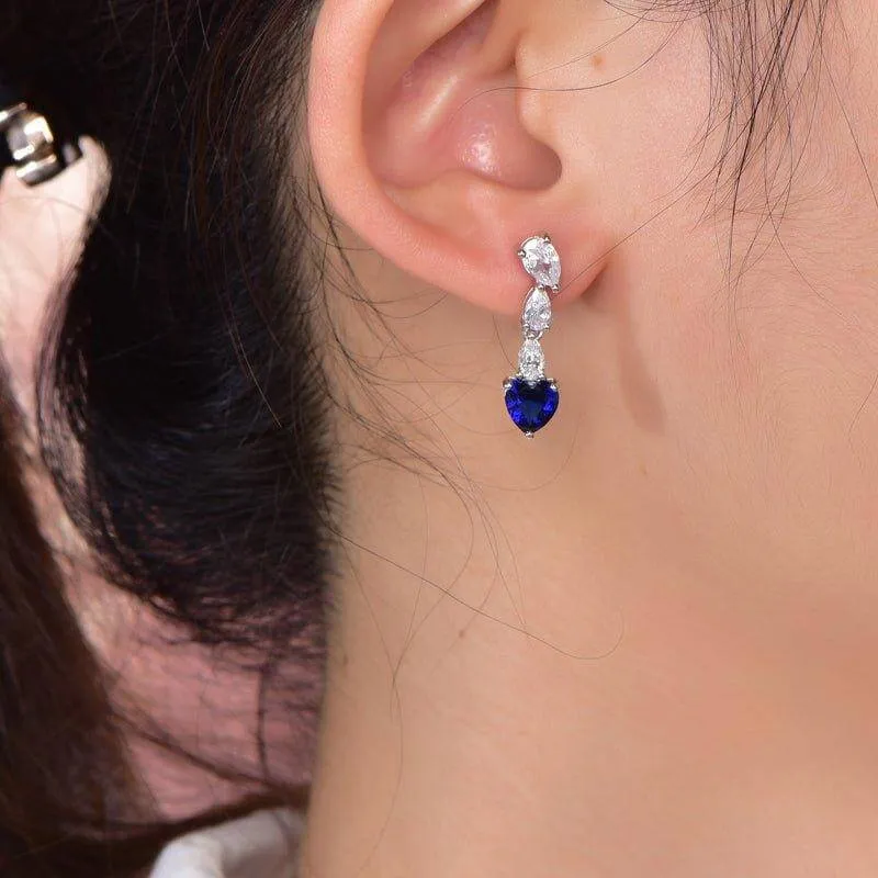 Blue Sapphire Heart Cut Drop Earrings