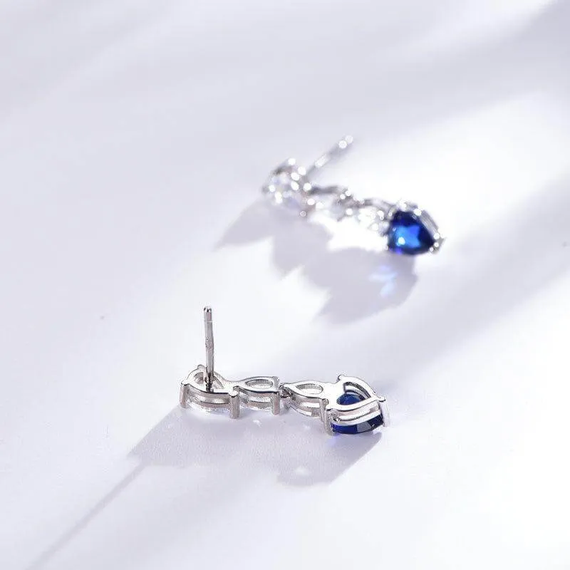 Blue Sapphire Heart Cut Drop Earrings