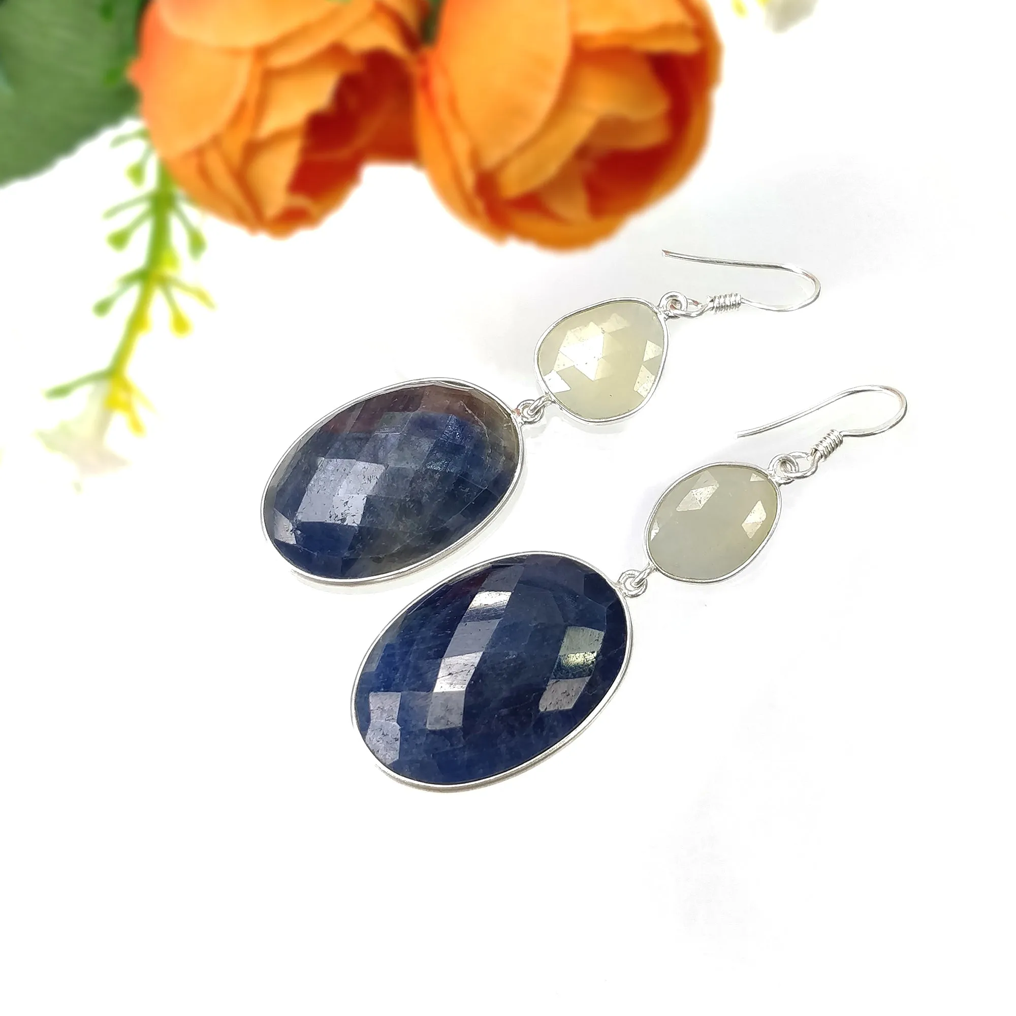 BLUE YELLOW SAPPHIRE Gemstone Earring : 15.16gms Natural Sapphire 925 Sterling Silver Drop Dangle Bezel Set Earrings 2.44"