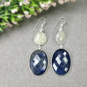 BLUE YELLOW SAPPHIRE Gemstone Earring : 15.16gms Natural Sapphire 925 Sterling Silver Drop Dangle Bezel Set Earrings 2.44"