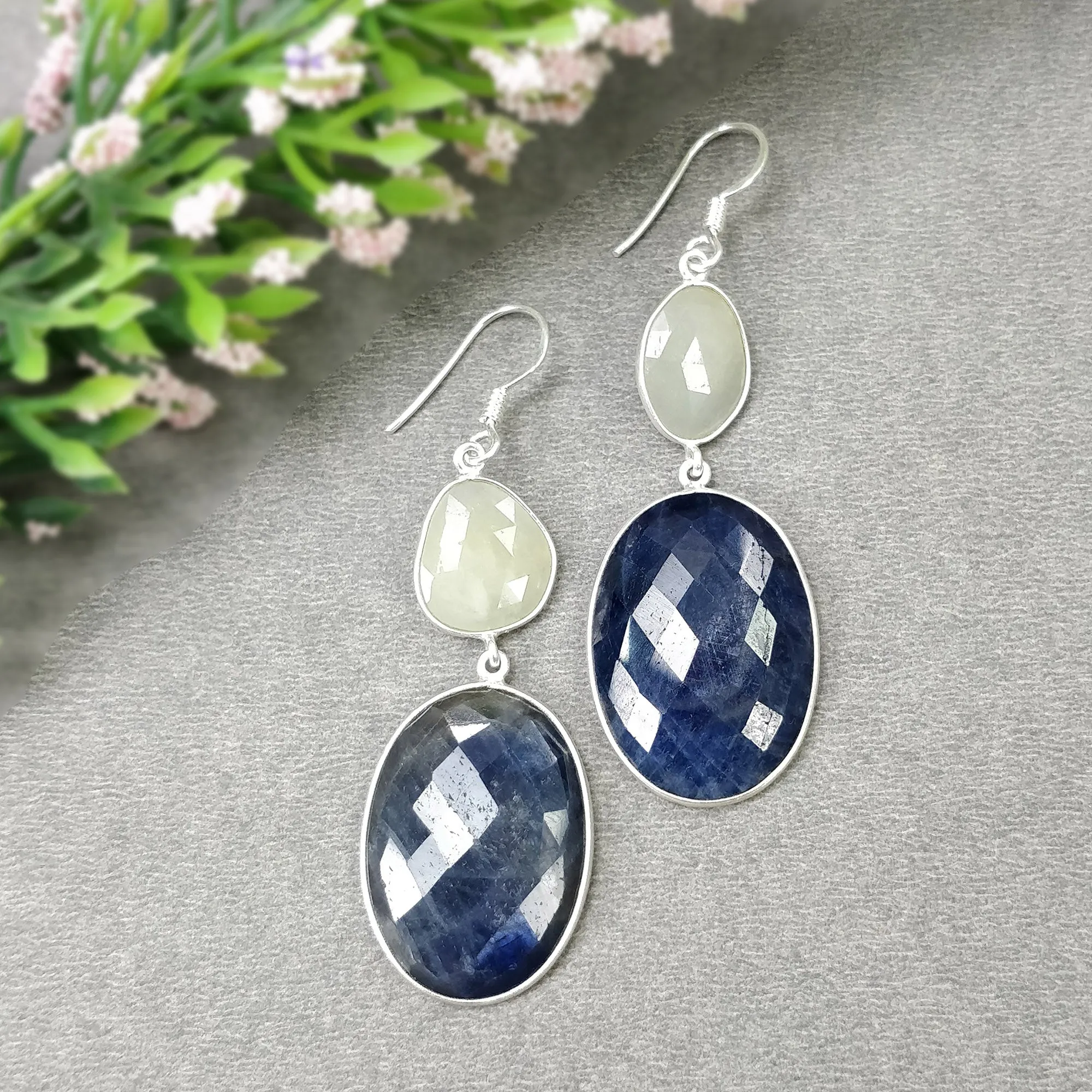 BLUE YELLOW SAPPHIRE Gemstone Earring : 15.16gms Natural Sapphire 925 Sterling Silver Drop Dangle Bezel Set Earrings 2.44"