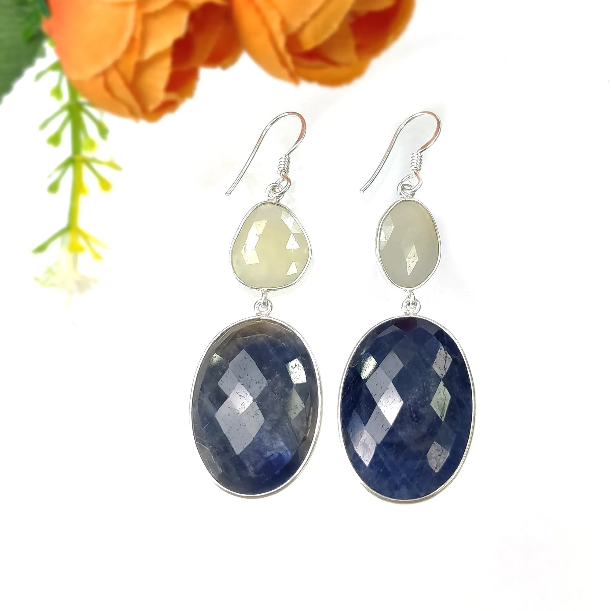 BLUE YELLOW SAPPHIRE Gemstone Earring : 15.16gms Natural Sapphire 925 Sterling Silver Drop Dangle Bezel Set Earrings 2.44"