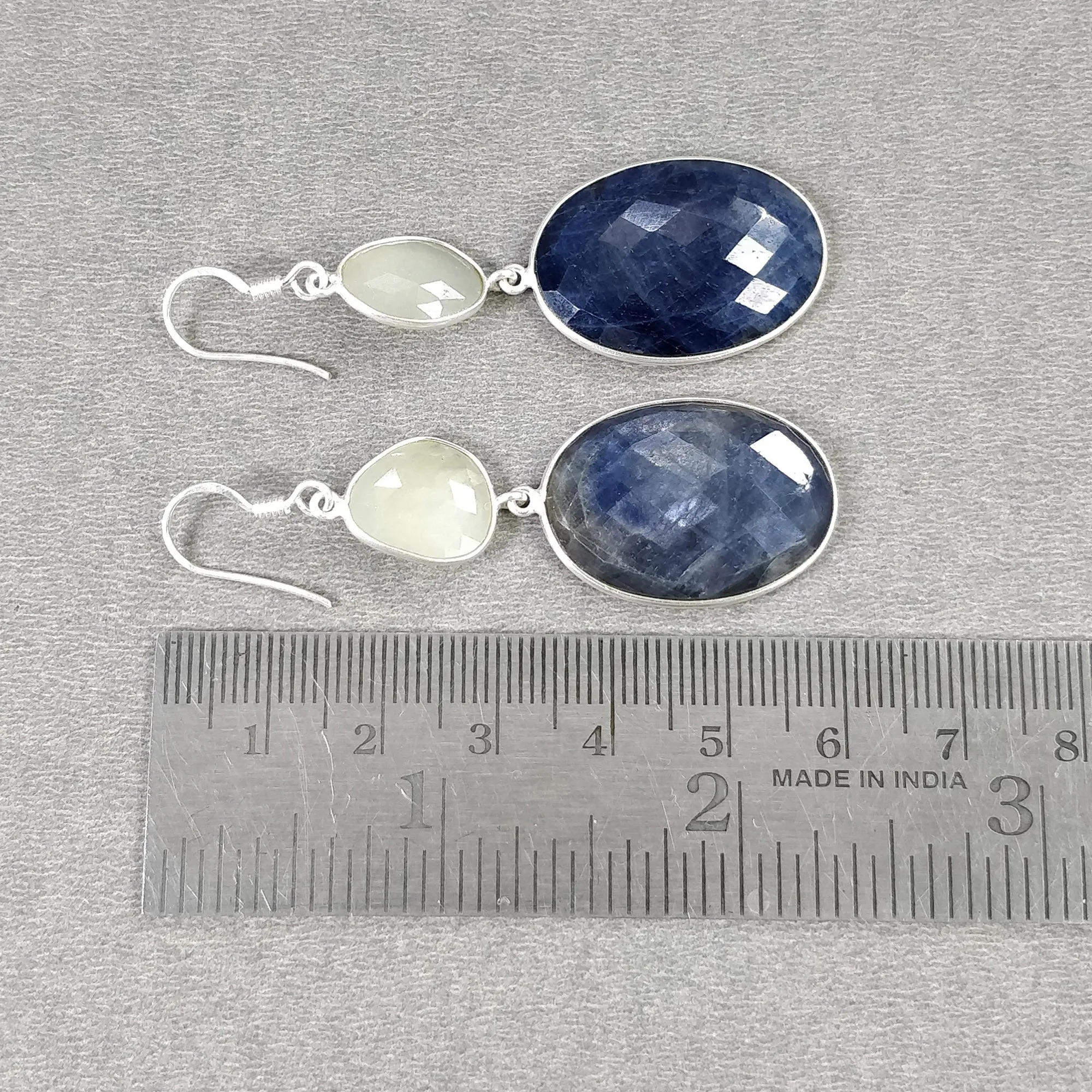 BLUE YELLOW SAPPHIRE Gemstone Earring : 15.16gms Natural Sapphire 925 Sterling Silver Drop Dangle Bezel Set Earrings 2.44"