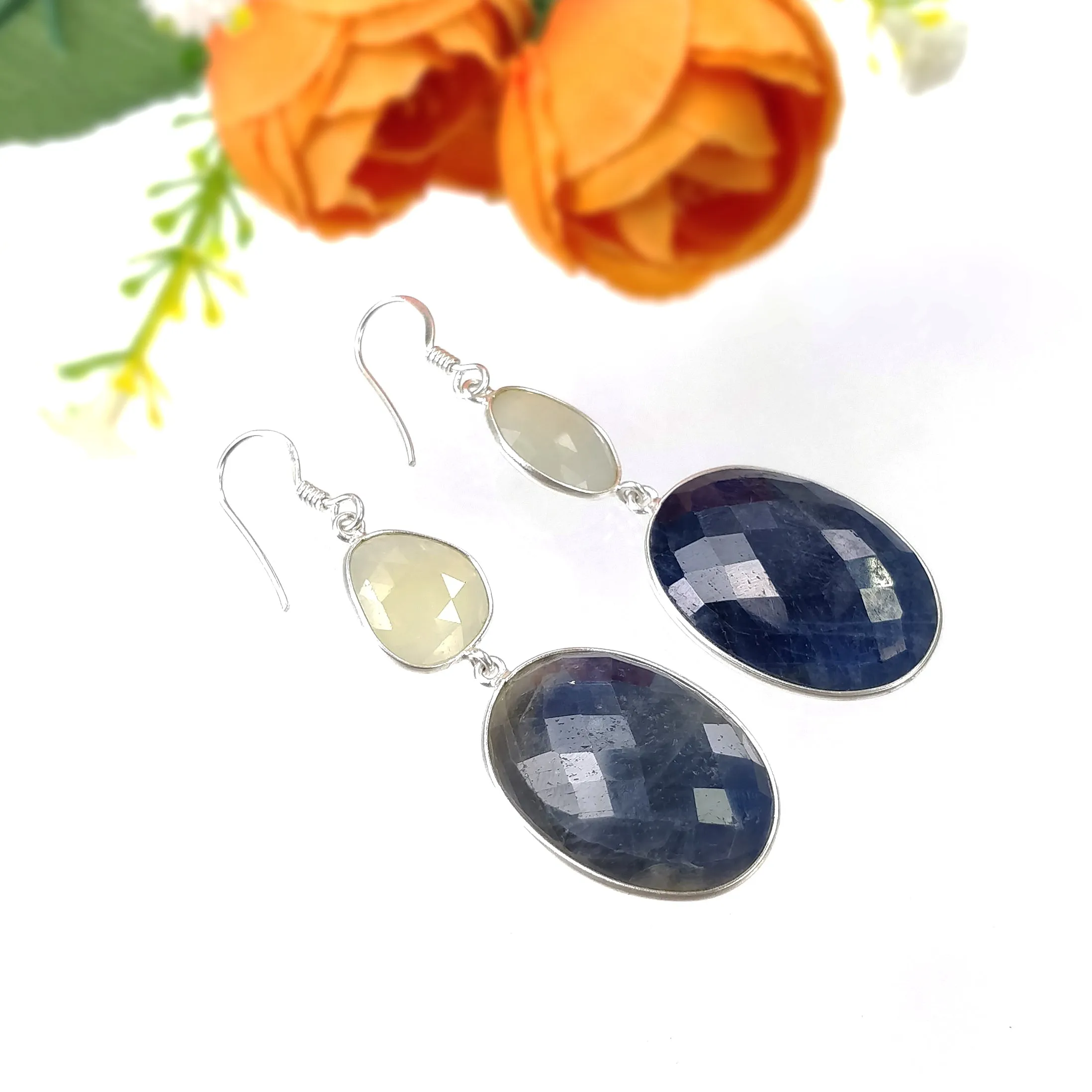 BLUE YELLOW SAPPHIRE Gemstone Earring : 15.16gms Natural Sapphire 925 Sterling Silver Drop Dangle Bezel Set Earrings 2.44"