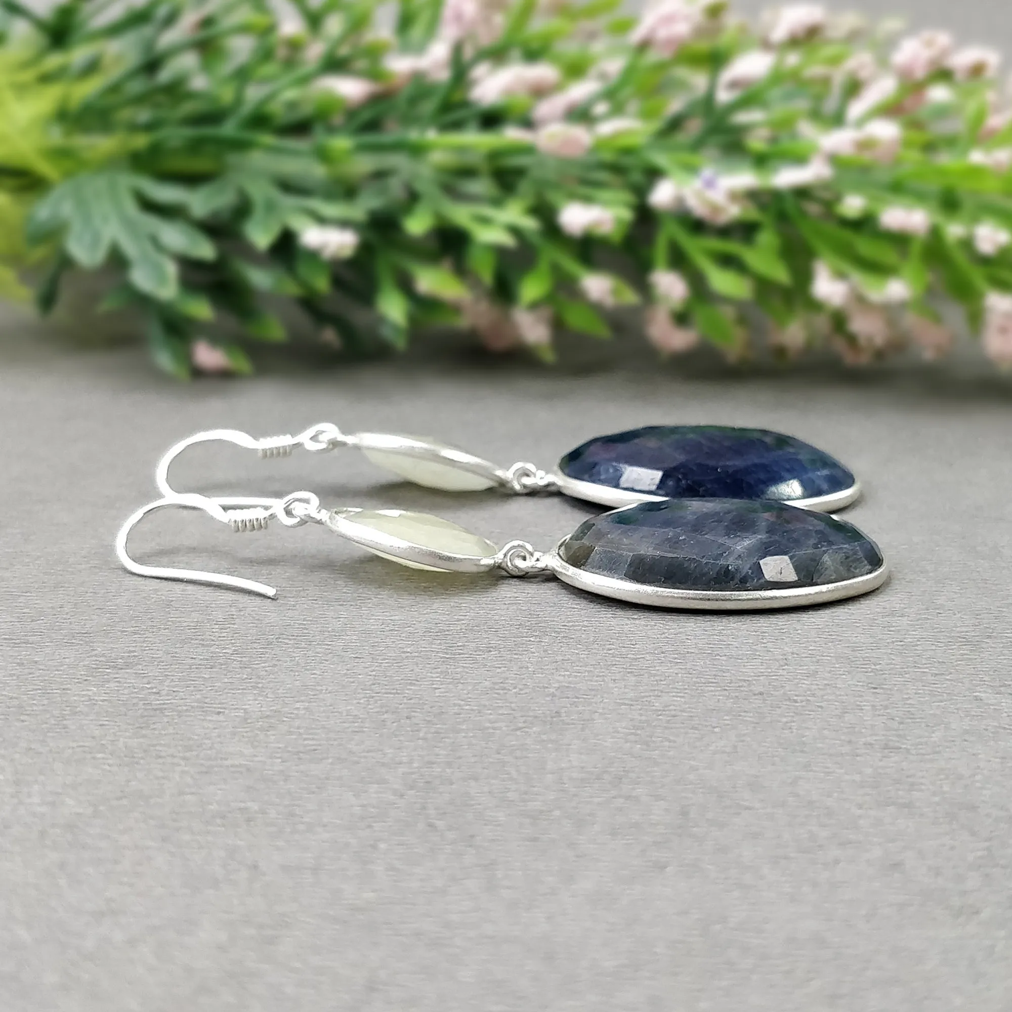 BLUE YELLOW SAPPHIRE Gemstone Earring : 15.16gms Natural Sapphire 925 Sterling Silver Drop Dangle Bezel Set Earrings 2.44"