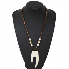 Bone Pendant Wooden Beaded Long Necklace