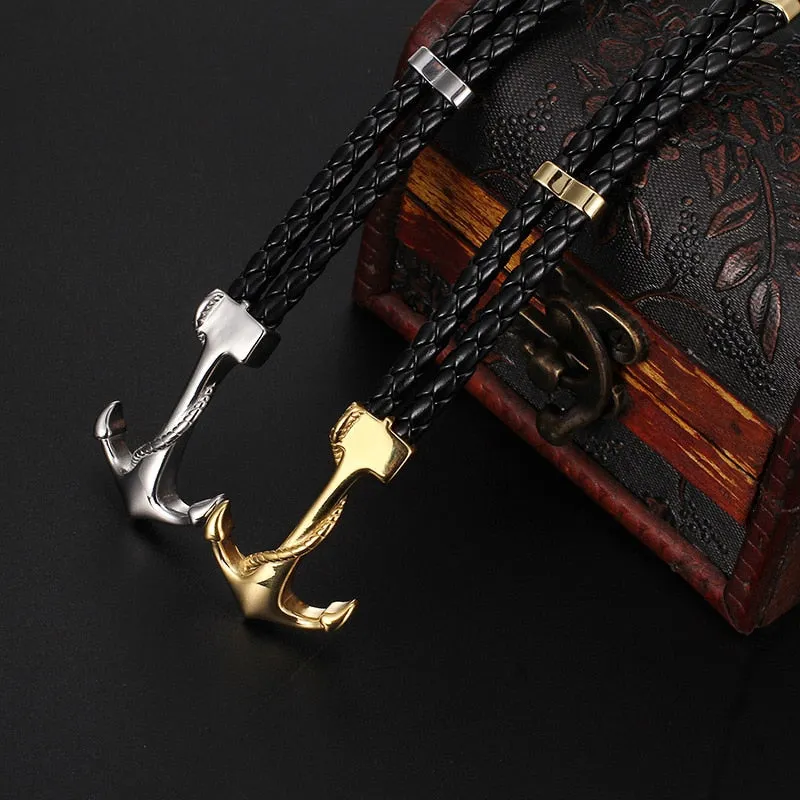 Braided Leather Gold Plated Stainless Steel Anchor Bracelet