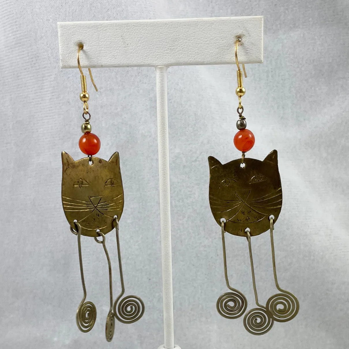 Brass Cat Long Dangle Earrings