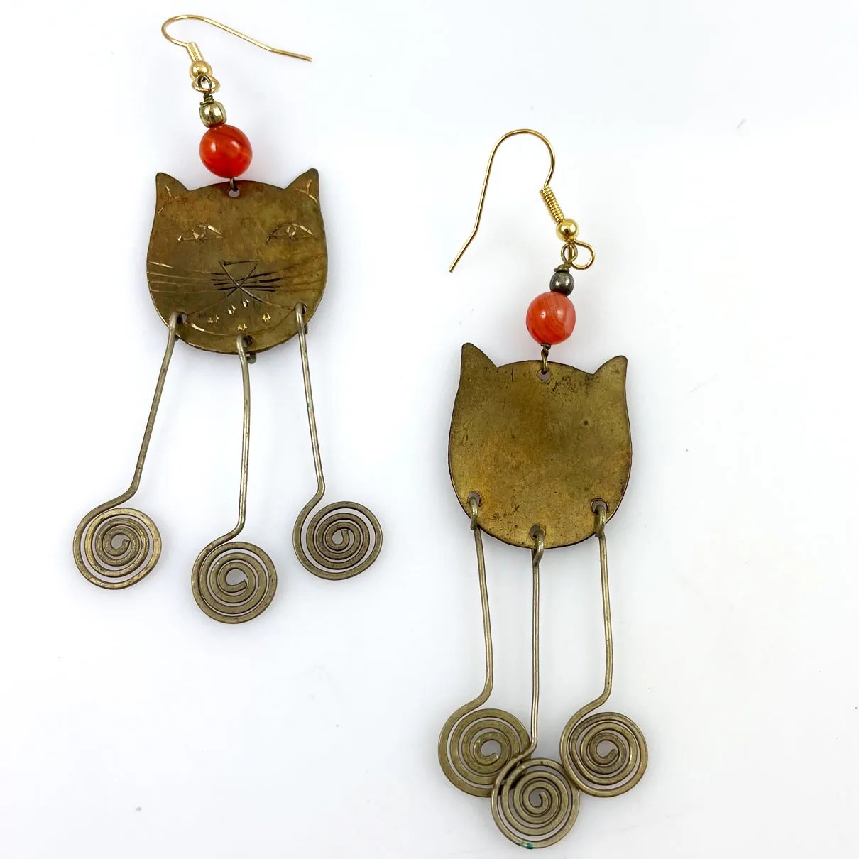 Brass Cat Long Dangle Earrings