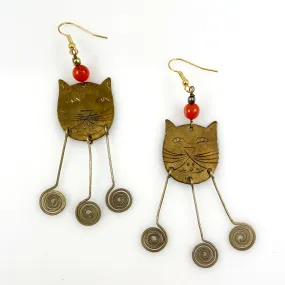 Brass Cat Long Dangle Earrings