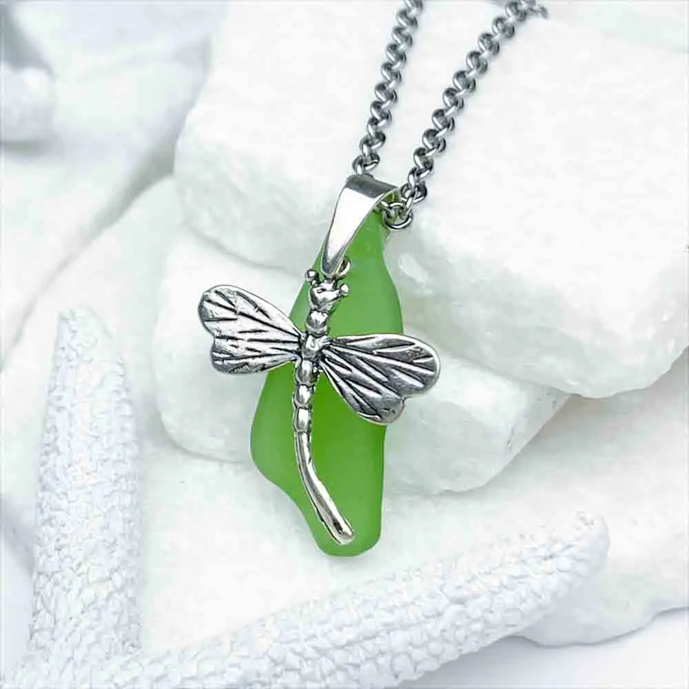 Bright Green Sea Glass Pendant with Sterling Silver Dragonfly Charm| #1951