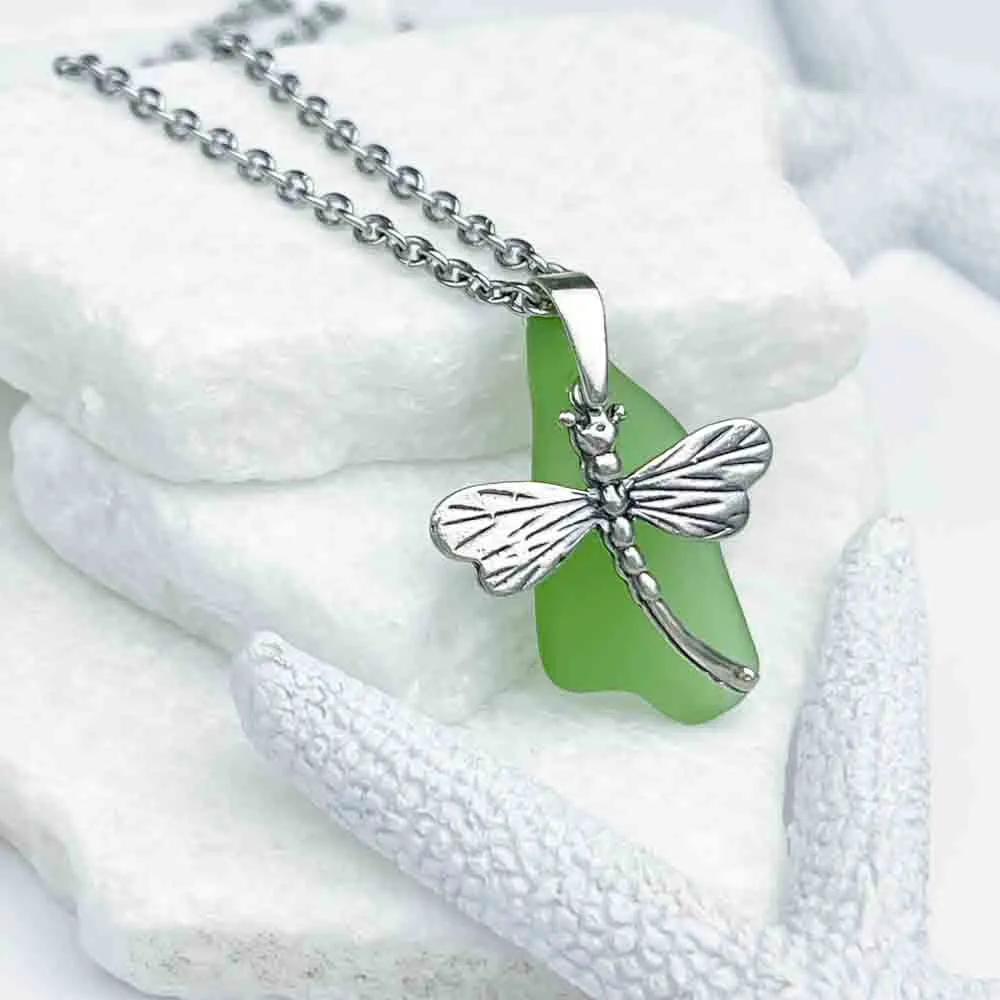 Bright Green Sea Glass Pendant with Sterling Silver Dragonfly Charm| #1951