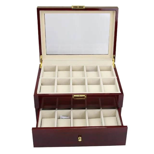 Brown Multi-Grid Luxury Wooden Watch Box Organizer