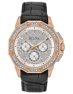 Bulova Swarovski Crystal Mens Watch - Pave Dial - Rose Gold-Tone - Black Strap