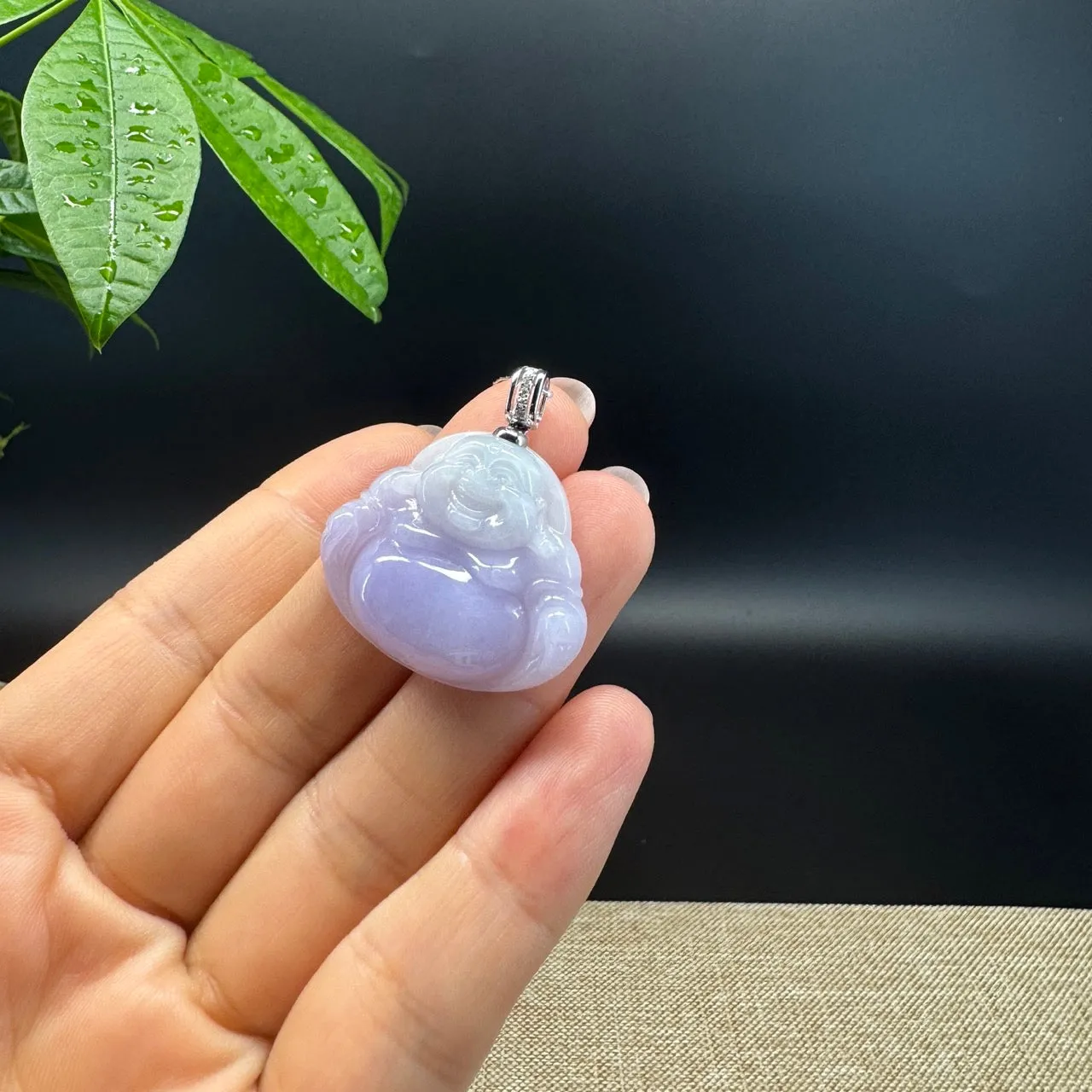 Burmese Lavender Jadeite Jade Happy Buddha Pendant with Diamond Bail