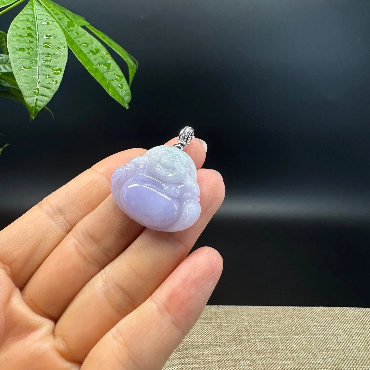 Burmese Lavender Jadeite Jade Happy Buddha Pendant with Diamond Bail