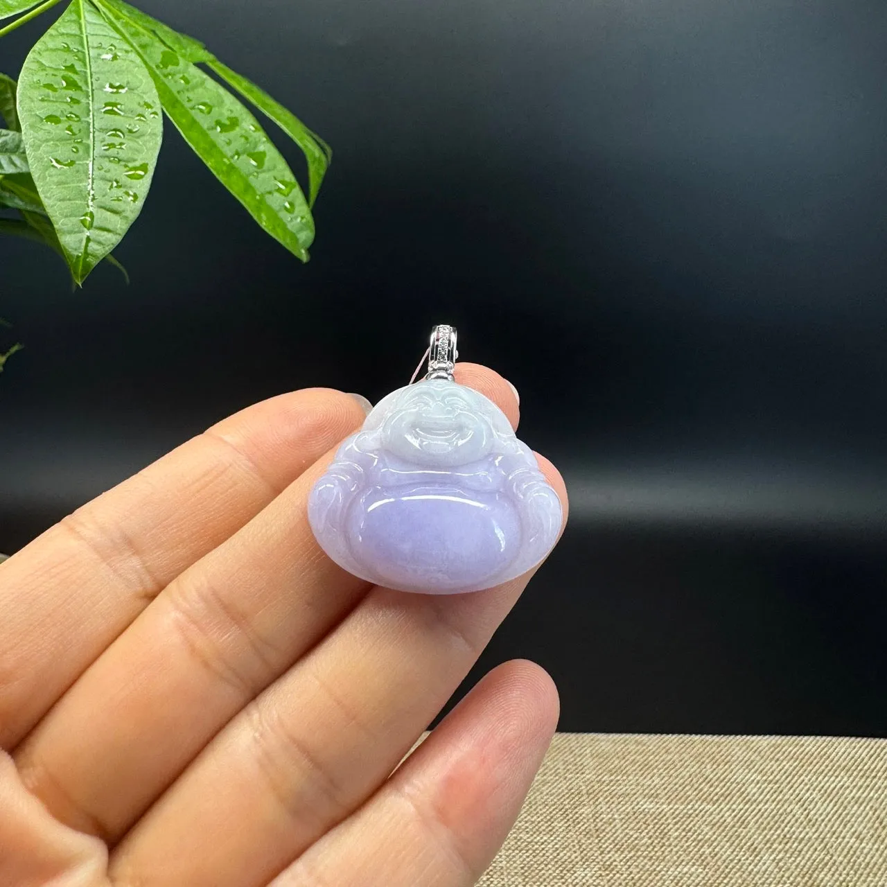 Burmese Lavender Jadeite Jade Happy Buddha Pendant with Diamond Bail