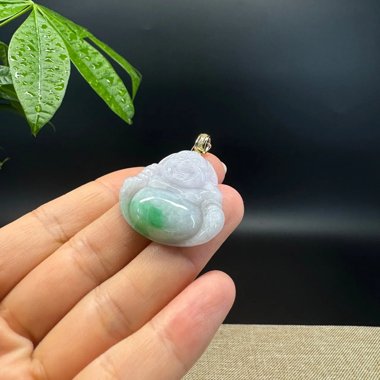 Burmese White Green Jadeite Jade Happy Buddha Pendant