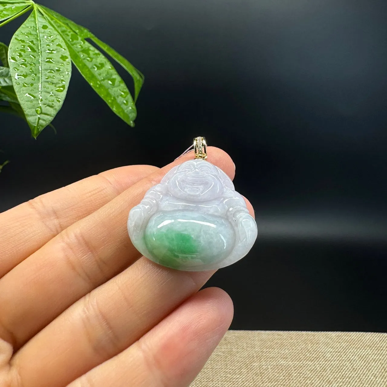 Burmese White Green Jadeite Jade Happy Buddha Pendant