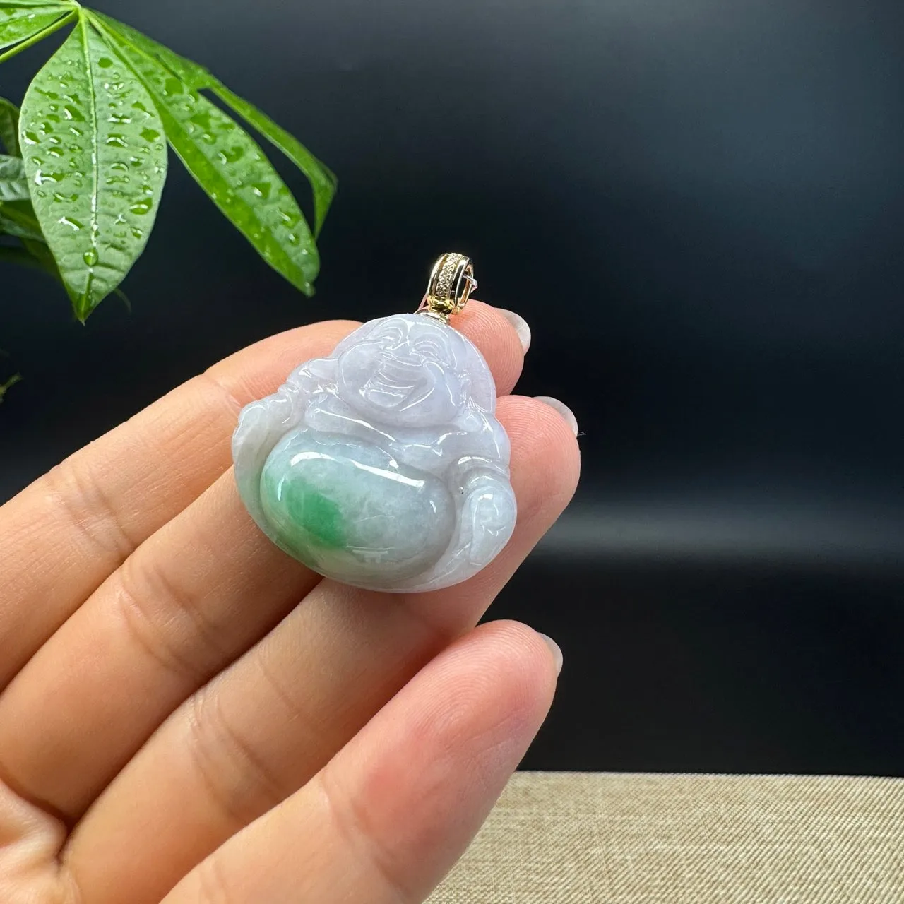 Burmese White Green Jadeite Jade Happy Buddha Pendant