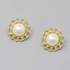 Chain Trimmed Pearl Dome Stud Earrings