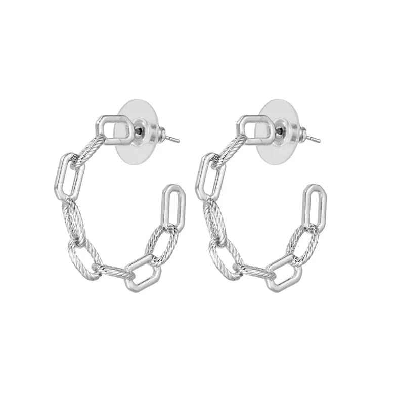 Chania Chain Link Stud Hoop Earrings Silver