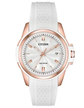 Citizen DRIVE AR Womens Sport Watch - Pink Gold - Tone - Date - White Silicone