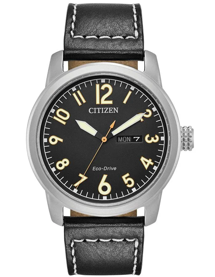 Citizen Eco-Drive Mens Chandler Watch - Black Dial - Leather Strap - Day/Date