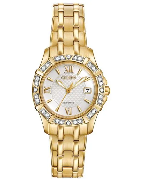 Citizen Ladies Eco-Drive Diamond Watch - White Dial - Gold Tone - Date