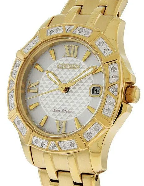 Citizen Ladies Eco-Drive Diamond Watch - White Dial - Gold Tone - Date