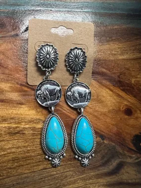 Concho Buffalo Coin Turq Drop Earrings