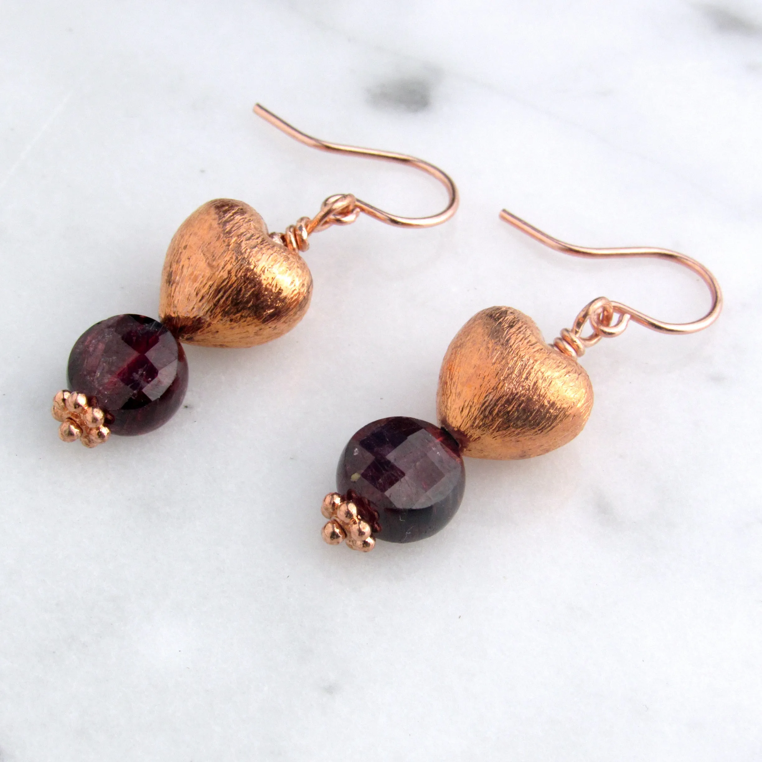 Copper Hearts with Garnet gemstone earrings