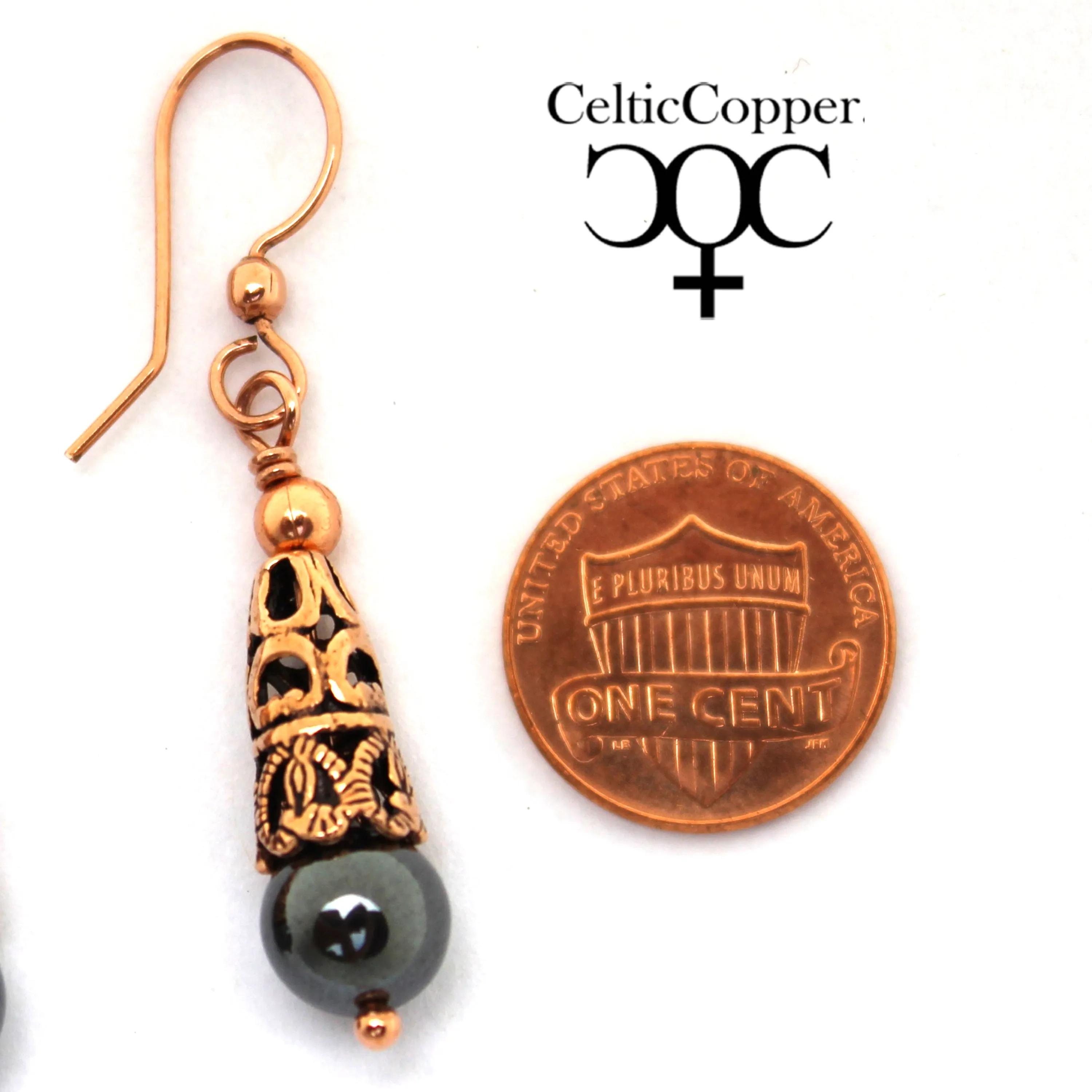 Copper Hematite Earrings With Handmade Vintage Copper Cone Beads 8mm Round Hematite  Bead Earrings