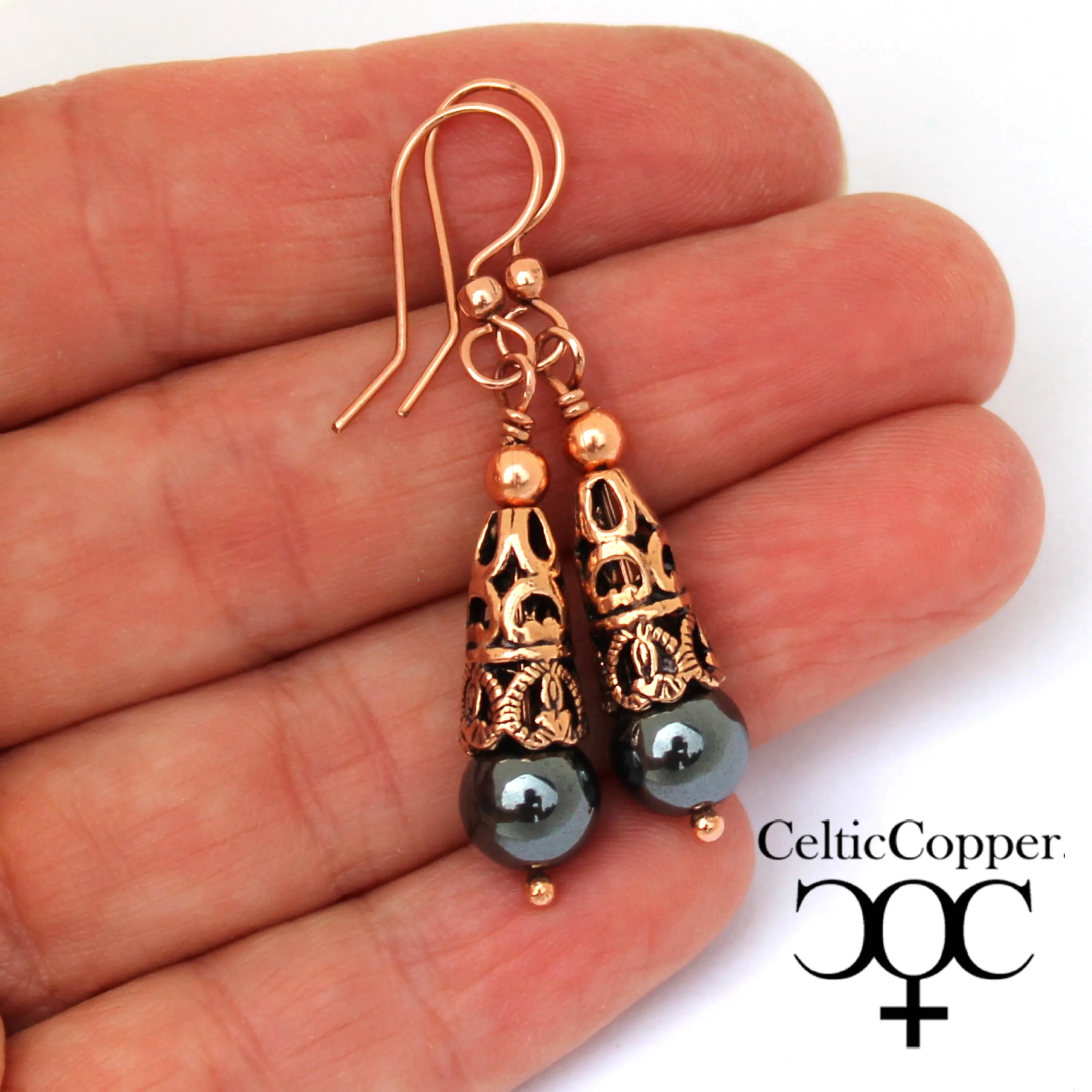 Copper Hematite Earrings With Handmade Vintage Copper Cone Beads 8mm Round Hematite  Bead Earrings