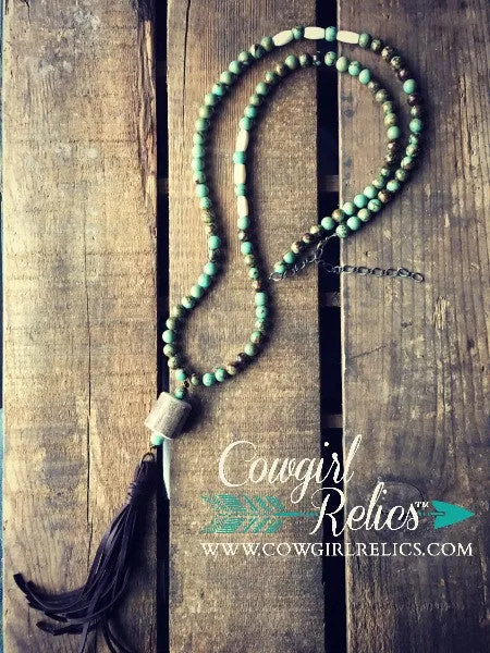 Crenshaw Rustic Western Necklace--Turquoise, Fringe, Antler Shed