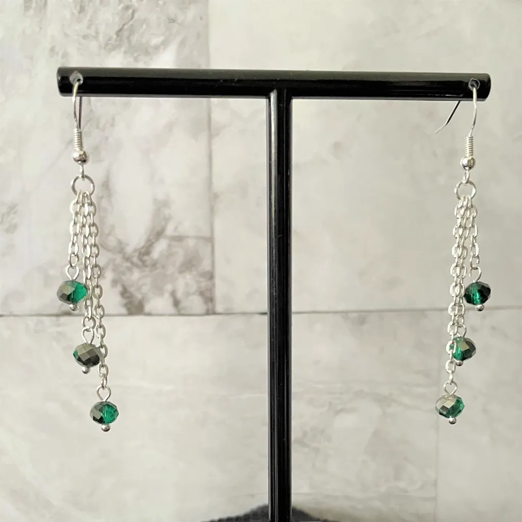 Crystal Long Dangle Earrings Black Green Copper Silver and Champagne