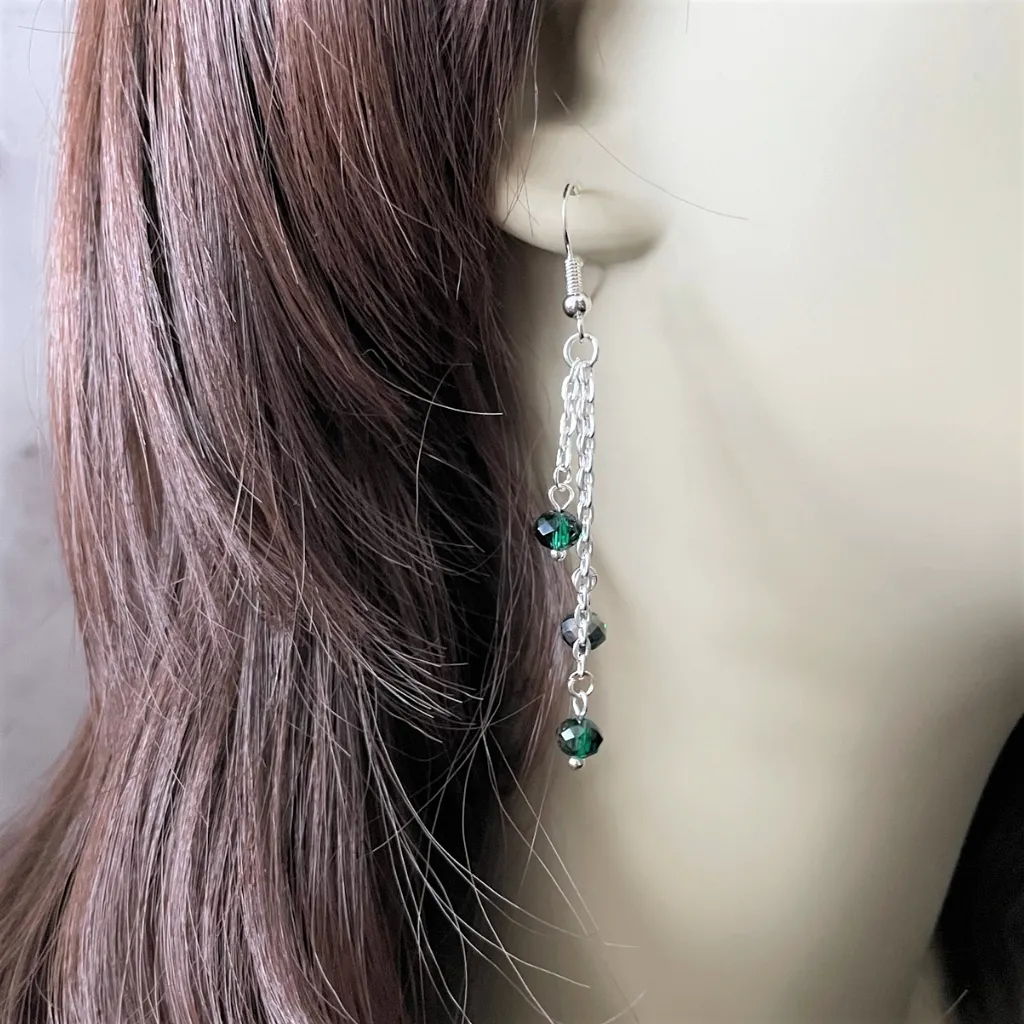 Crystal Long Dangle Earrings Black Green Copper Silver and Champagne