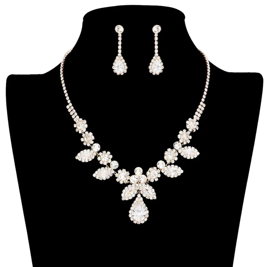 Cubic Zirconia CZ Multi Stone Floral Necklace Earring Set