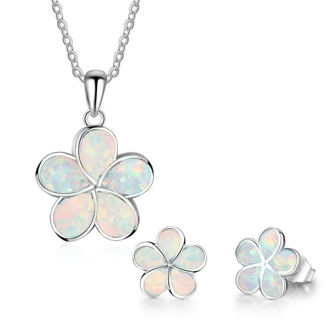 Cute Sakura Fire Opal Necklace & Stud Earrings Trendy Fashion Jewelry Set