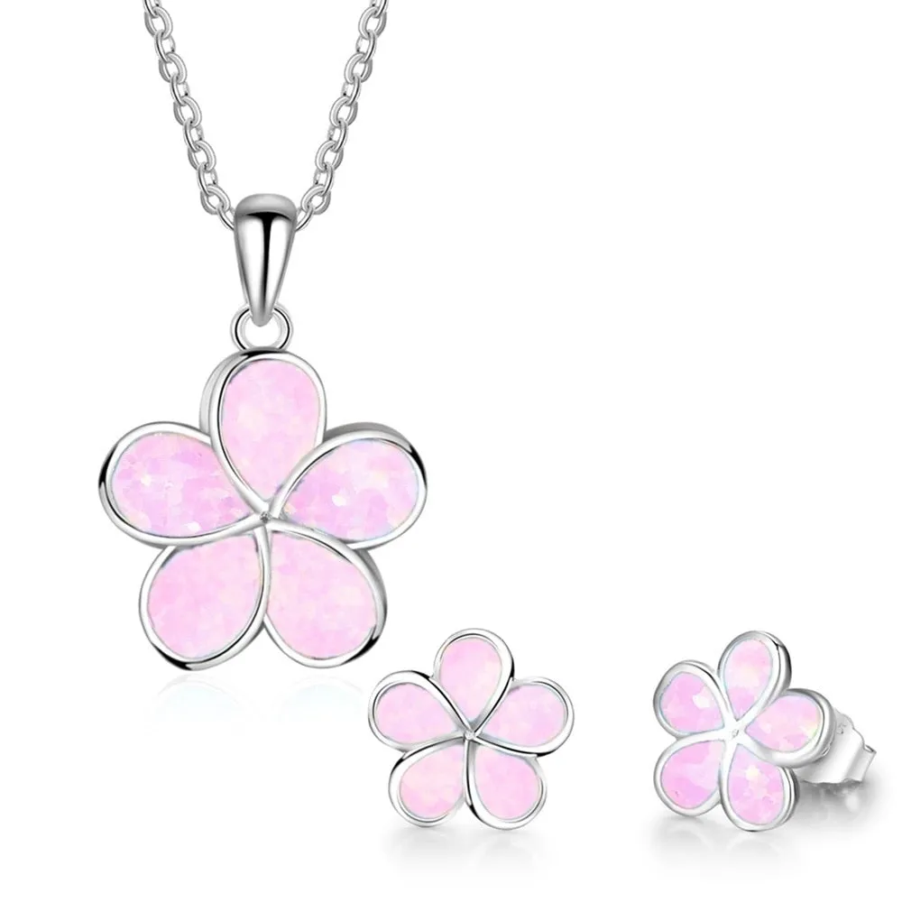 Cute Sakura Fire Opal Necklace & Stud Earrings Trendy Fashion Jewelry Set