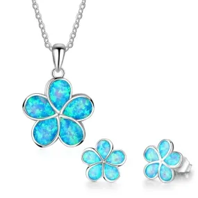 Cute Sakura Fire Opal Necklace & Stud Earrings Trendy Fashion Jewelry Set