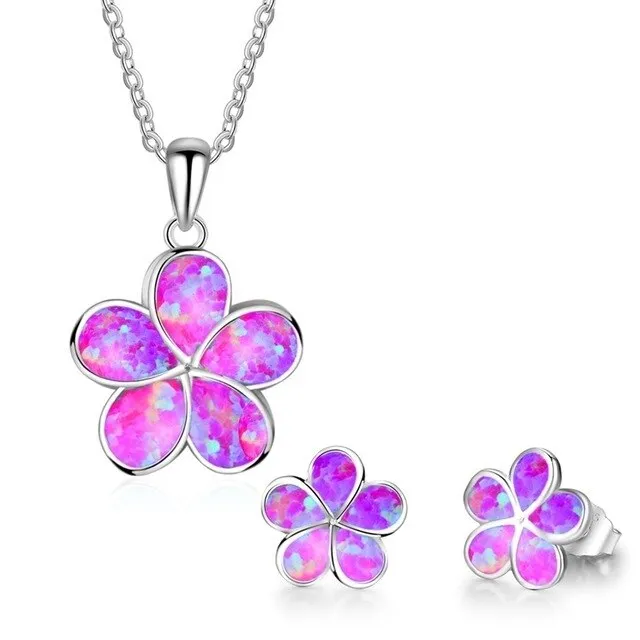 Cute Sakura Fire Opal Necklace & Stud Earrings Trendy Fashion Jewelry Set