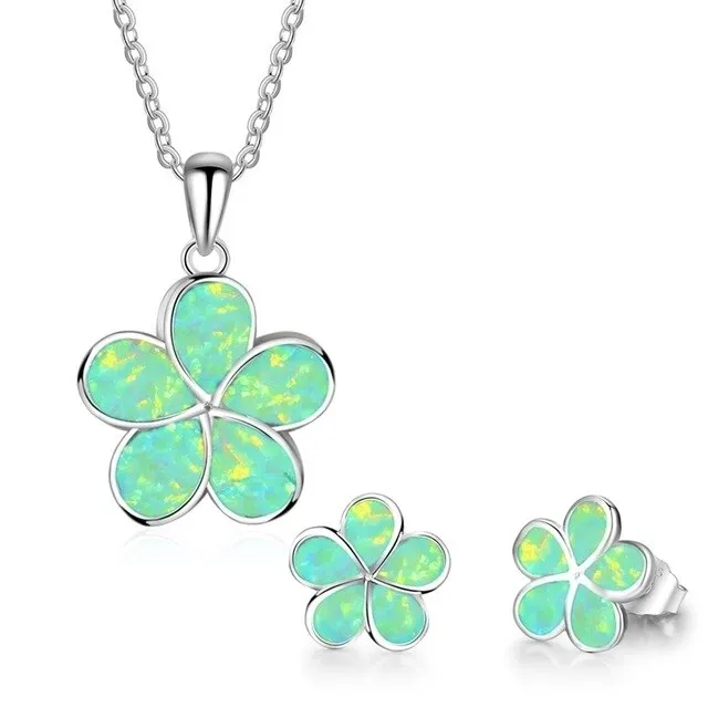 Cute Sakura Fire Opal Necklace & Stud Earrings Trendy Fashion Jewelry Set