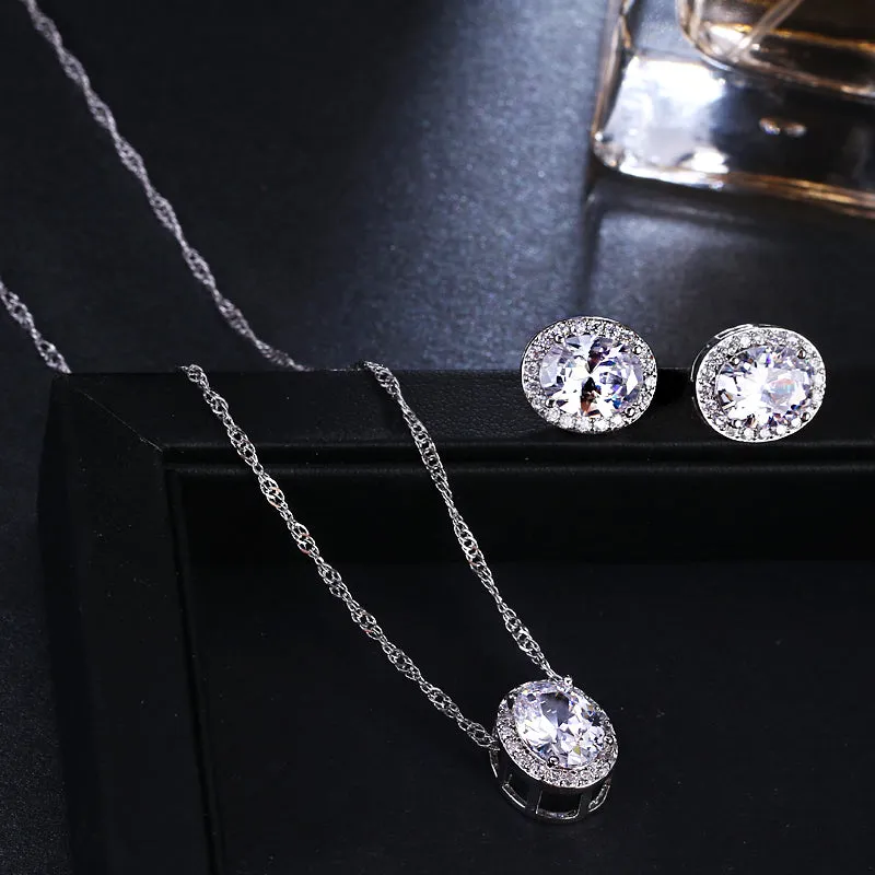 CZ Solitaire Oval Earring and Necklace Pendant Set