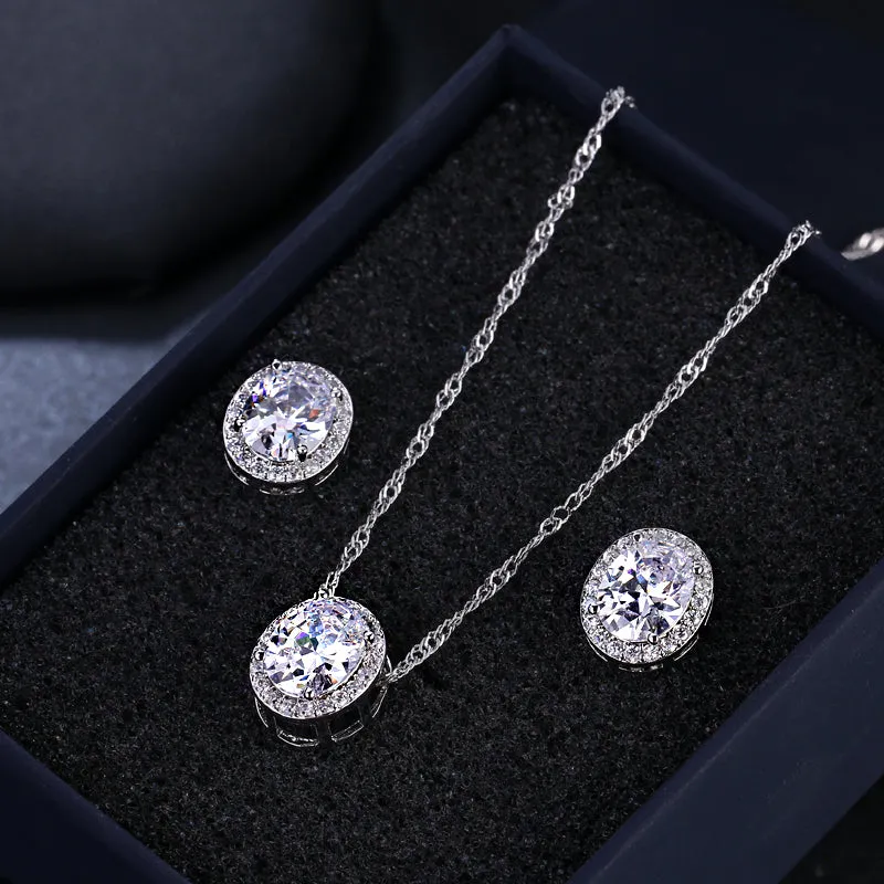 CZ Solitaire Oval Earring and Necklace Pendant Set