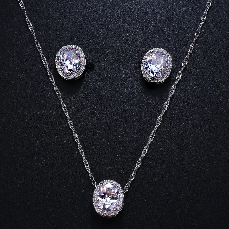 CZ Solitaire Oval Earring and Necklace Pendant Set