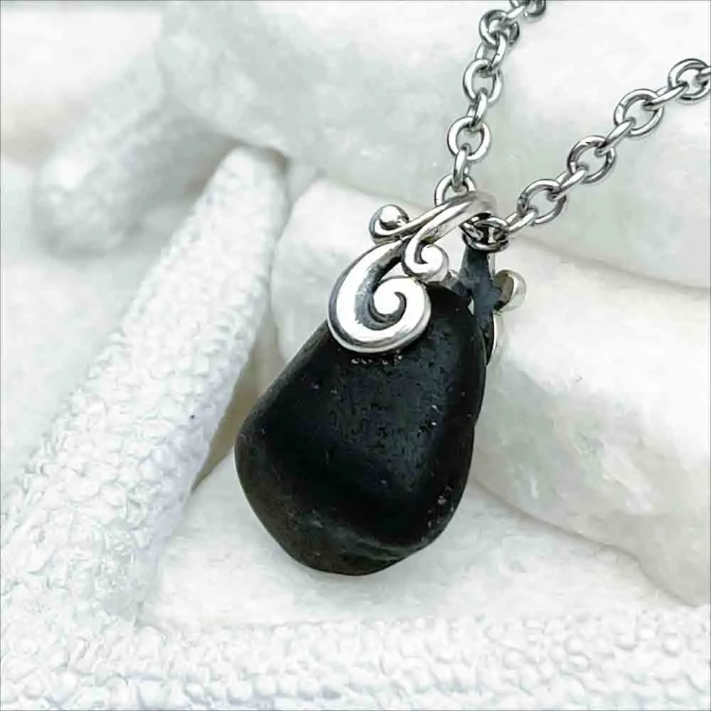 Dark Black Ocean Waves Sea Glass Pendant | #5168